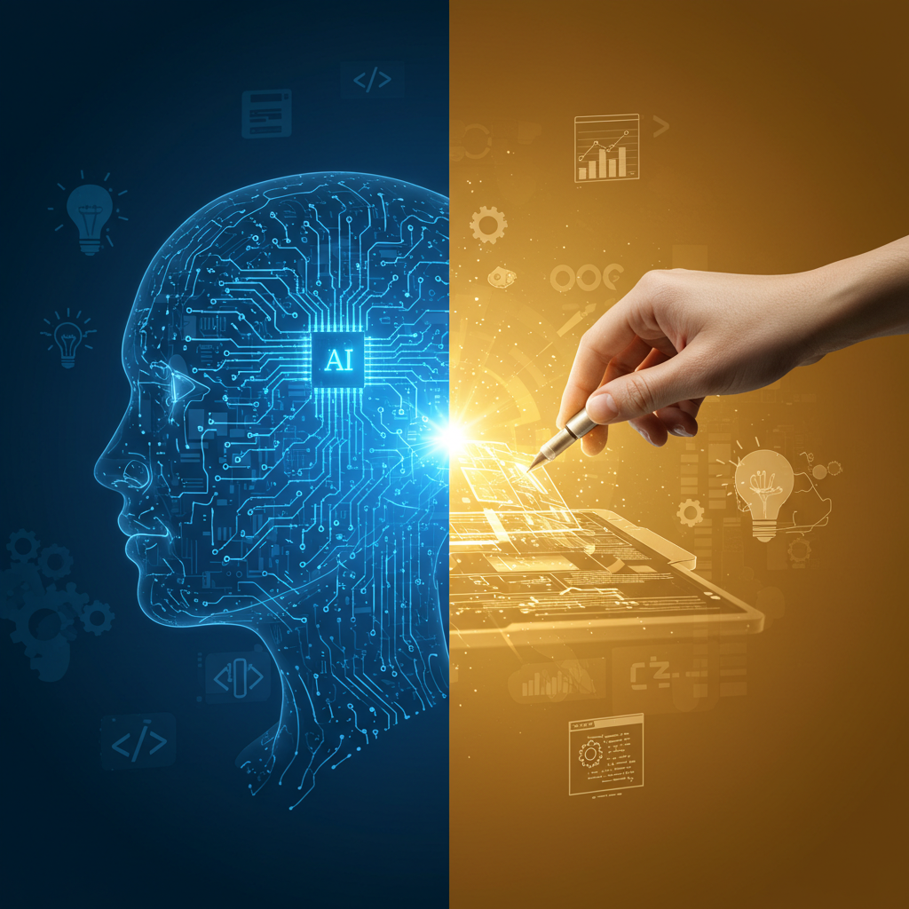 image of a human hand helping AI on creating ideas.